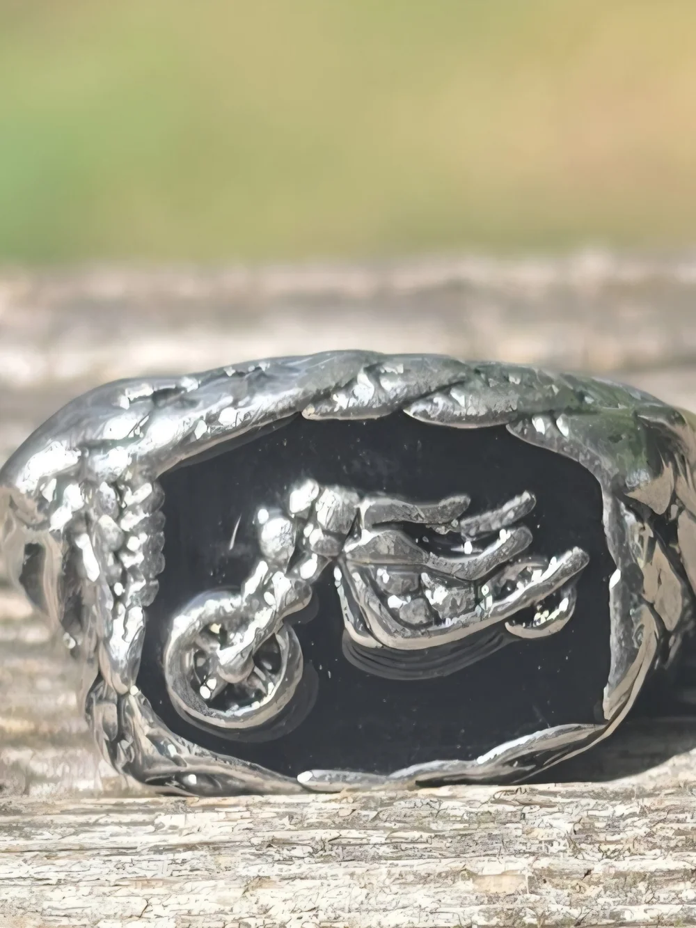 Men's Silver-Tone Black Onyx Motorcycle Signet Ring